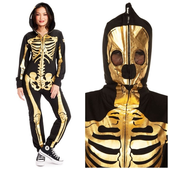NWT Tipsy Elves Gold Skeleton Costume Zip Hood Onesie Jumpsuit Black Sz M - Picture 1 of 14
